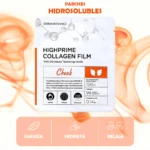 Parches hidrosolubles Dermassance HighPrime Collagen Film para mejillas, con tecnología DermaLayr, ingredientes como colágeno y ácido hialurónico, diseño blanco con detalles naranjas.