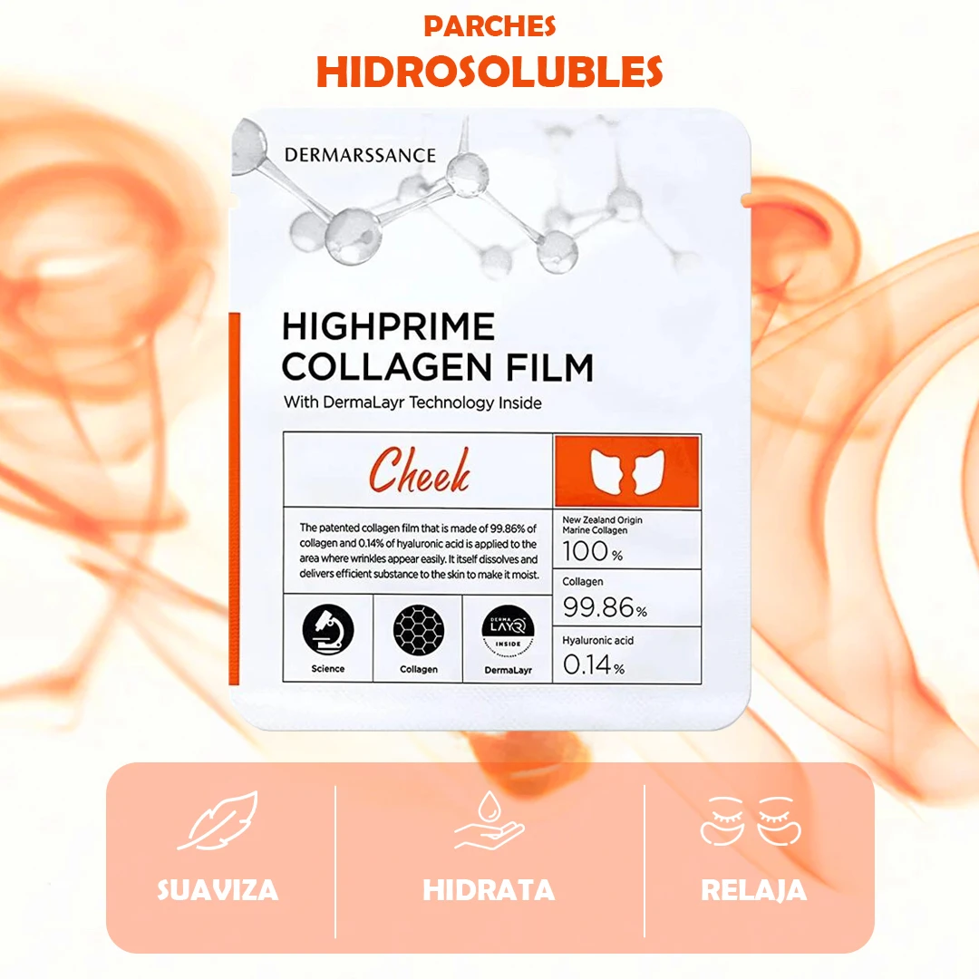 Parches hidrosolubles Dermassance HighPrime Collagen Film para mejillas, con tecnología DermaLayr, ingredientes como colágeno y ácido hialurónico, diseño blanco con detalles naranjas.