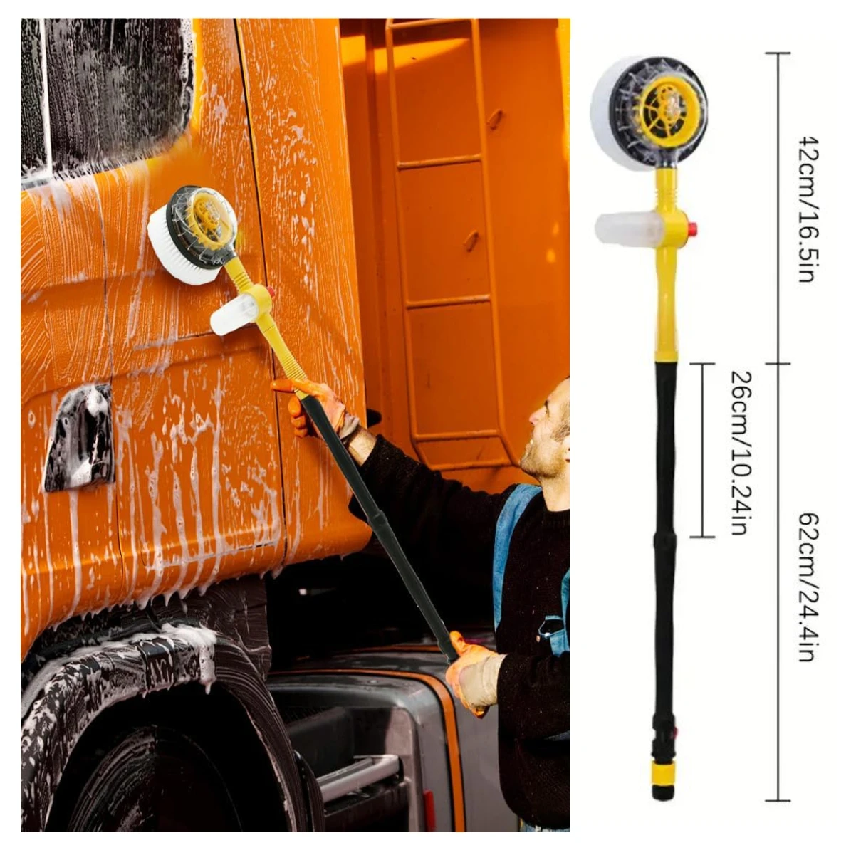 Cepillo de lavado con cerdas chenille y mango telescópico amarillo y negro, en uso sobre carro naranja con espuma; incluye dimensión total de 62 cm.