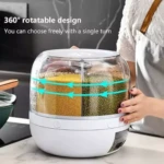 Dispensador giratorio blanco con seis compartimentos transparentes llenos de granos, mostrando diseño rotatorio y manos ajustando la tapa.