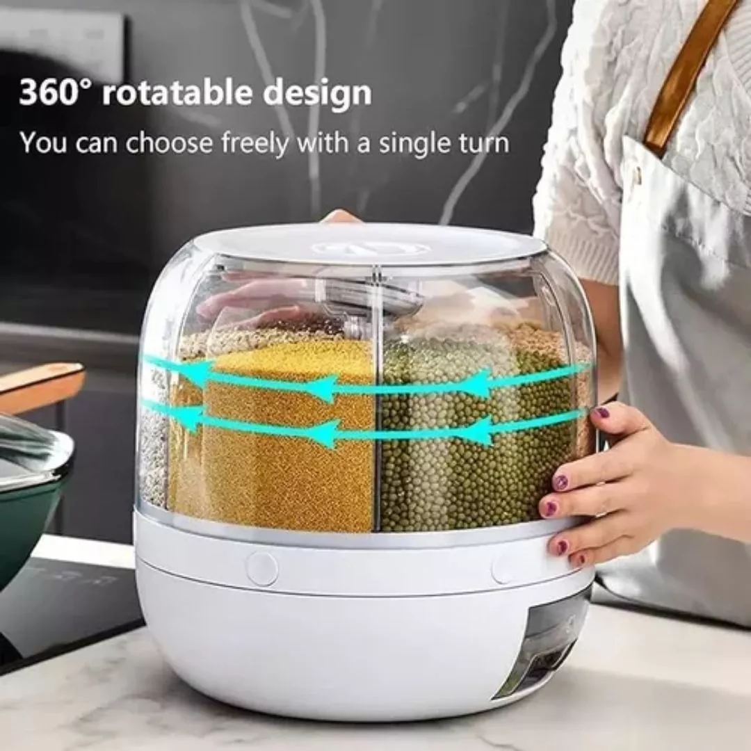 Dispensador giratorio blanco con seis compartimentos transparentes llenos de granos, mostrando diseño rotatorio y manos ajustando la tapa.