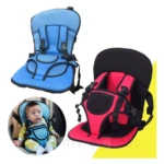 Silla de viaje para bebés en azul y rojo, con respaldo reclinable y arnés de seguridad. Incluye inserto acolchado y cinturón ajustable. Ideal para uso en coche o avión.