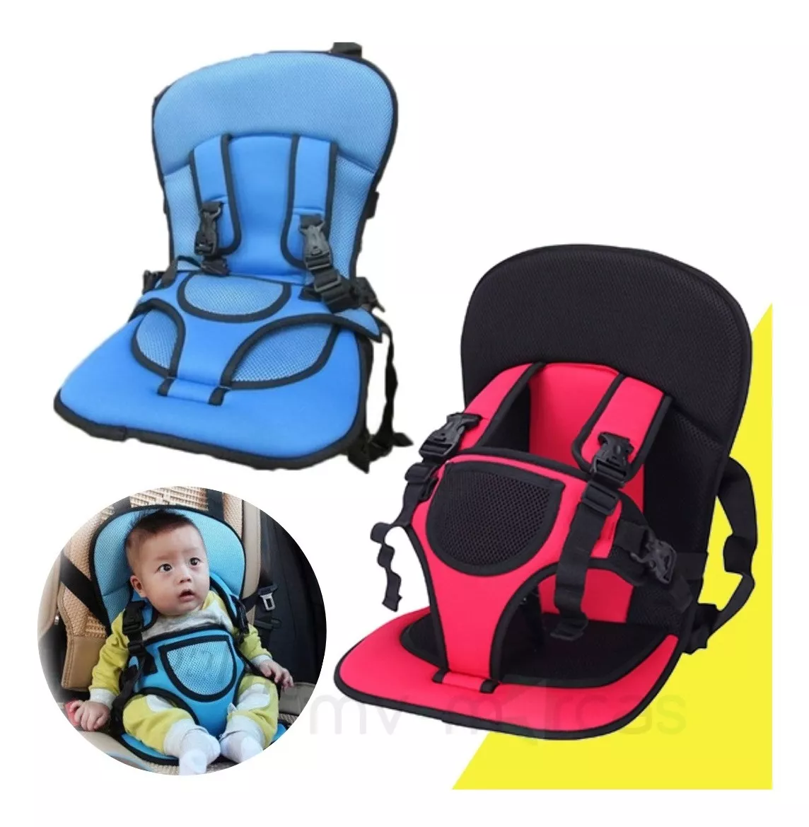 Silla de viaje para bebés en azul y rojo, con respaldo reclinable y arnés de seguridad. Incluye inserto acolchado y cinturón ajustable. Ideal para uso en coche o avión.