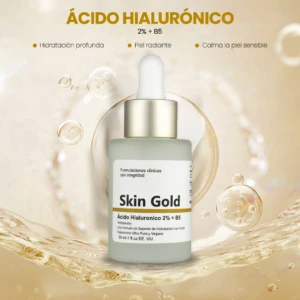 Suero facial Skin Gold con ácido hialurónico 2% y provitamina B5, en frasco de vidrio con gotero, sobre fondo dorado con burbujas.