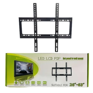 Soporte de pared negro para TV LED/LCD/PDP, compatible con pantallas de 26 a 63 pulgadas, mostrado junto a su empaque con de instalación.