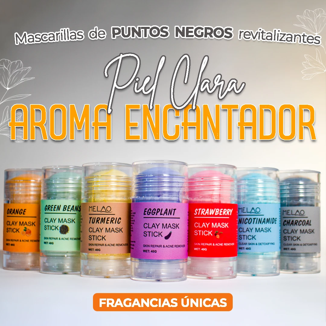 Set de seis mascarillas faciales en barra MELAO con aromas únicos: naranja, verde bean, turmeric, eggplant, strawberry, nicotinamide y charcoal. Presentación con tapas transparentes y etiquetas coloridas.