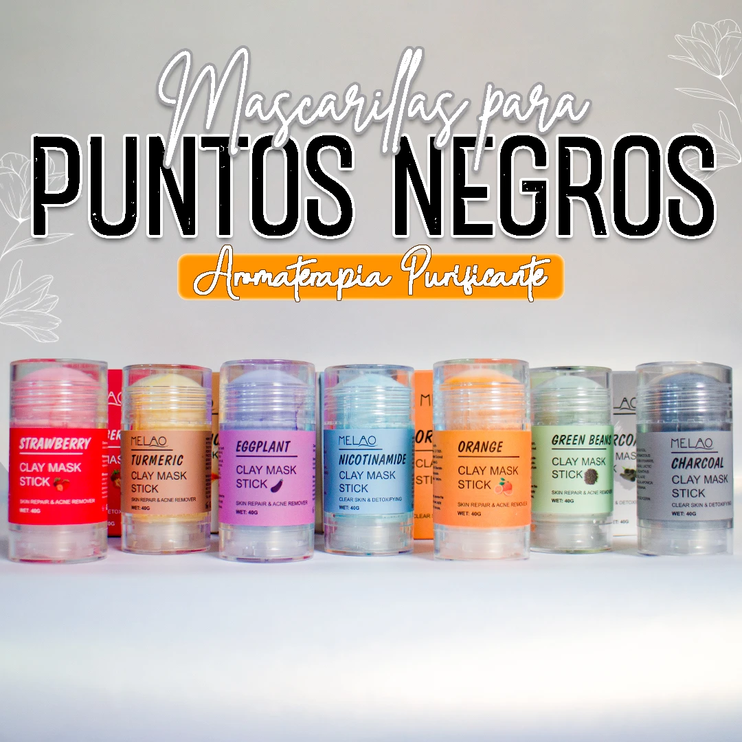 Set de ocho mascarillas barra MELAO para puntos negros, con sabores como fresa, azafrán, berenjena y carbón activado, presentadas en tubos transparentes con etiquetas de colores.