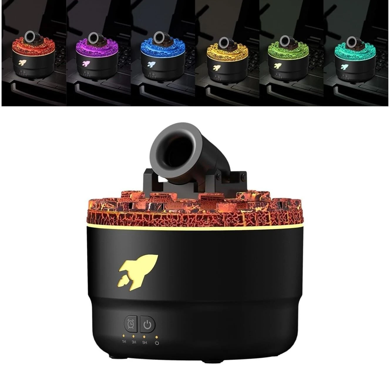 Humidificador ultrasónico negro con luces de lava en tonos rojos y amarillos, diseño con logo de cohete y panel de control frontal.