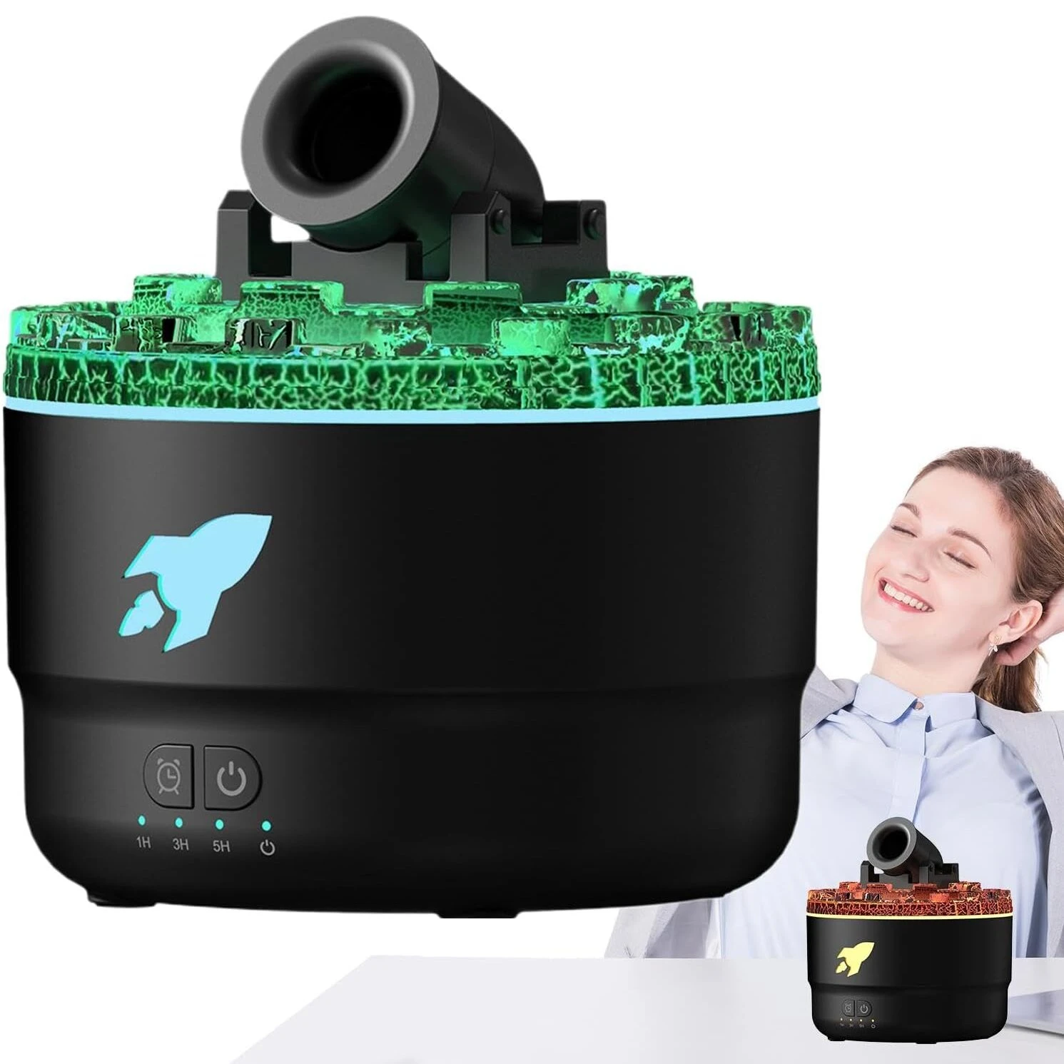 Humidificador ultrasónico negro con luces de lava verde y proyección de cohete, incluye difusor de aceites esenciales y control táctil frontal.
