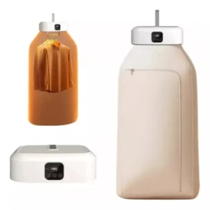 Secador eléctrico plegable de ropa en color beige, con prenda colgada dentro y base blanca con panel de control visible.