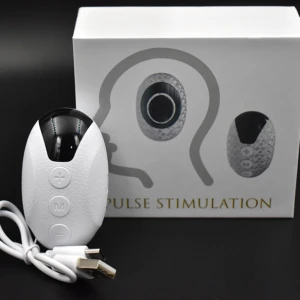 Dispositivo blanco ovalado con botones de control, cable USB y caja que muestra de cabeza con texto "PULSE STIMULATION".