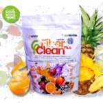 Paquete de Fibra Plus Naranja Piña con Psyllium 600, presentación en bolsa con ilustraciones de frutas y símbolo de digestión.