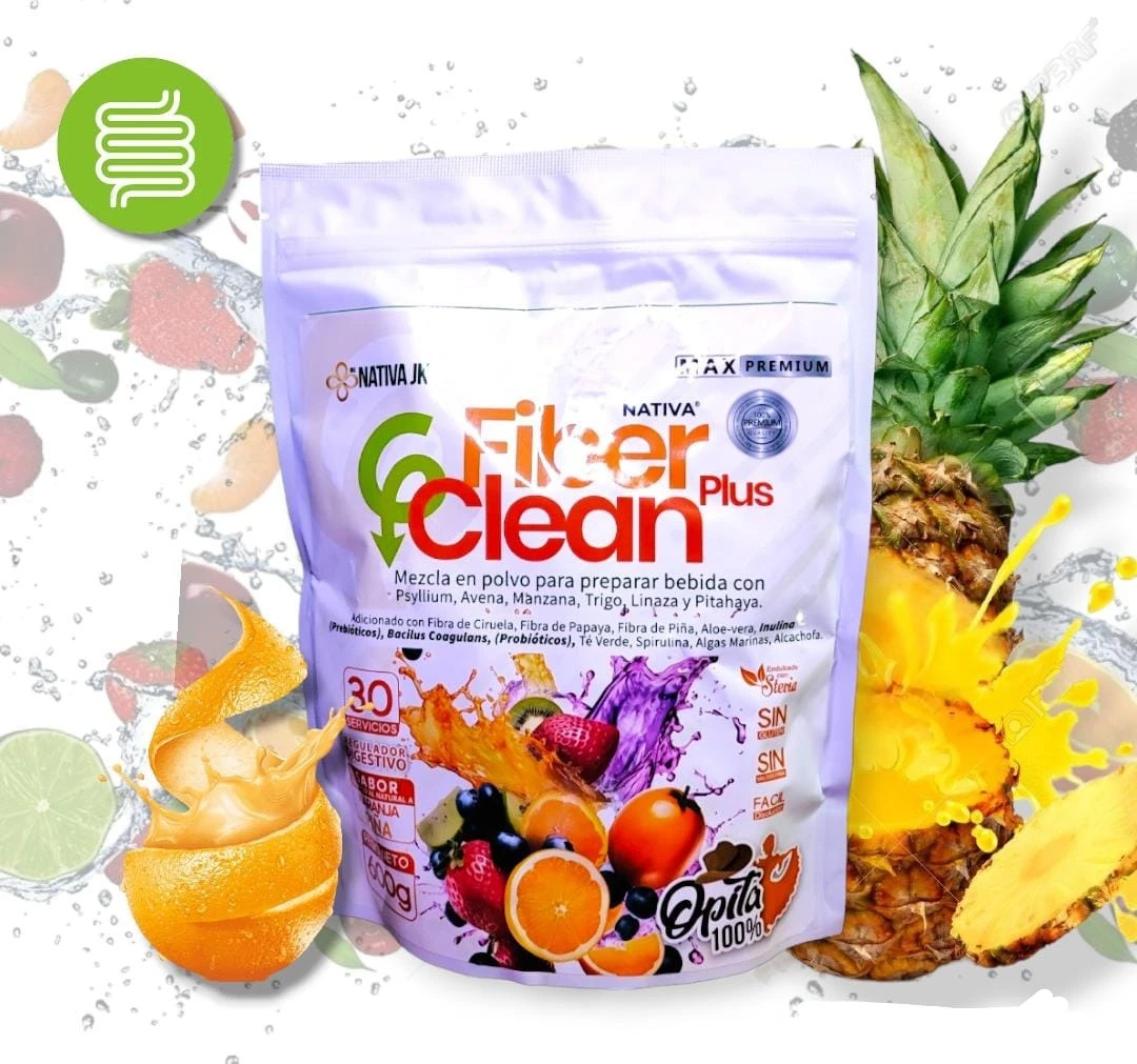 Paquete de Fibra Plus Naranja Piña con Psyllium 600, presentación en bolsa con ilustraciones de frutas y símbolo de digestión.