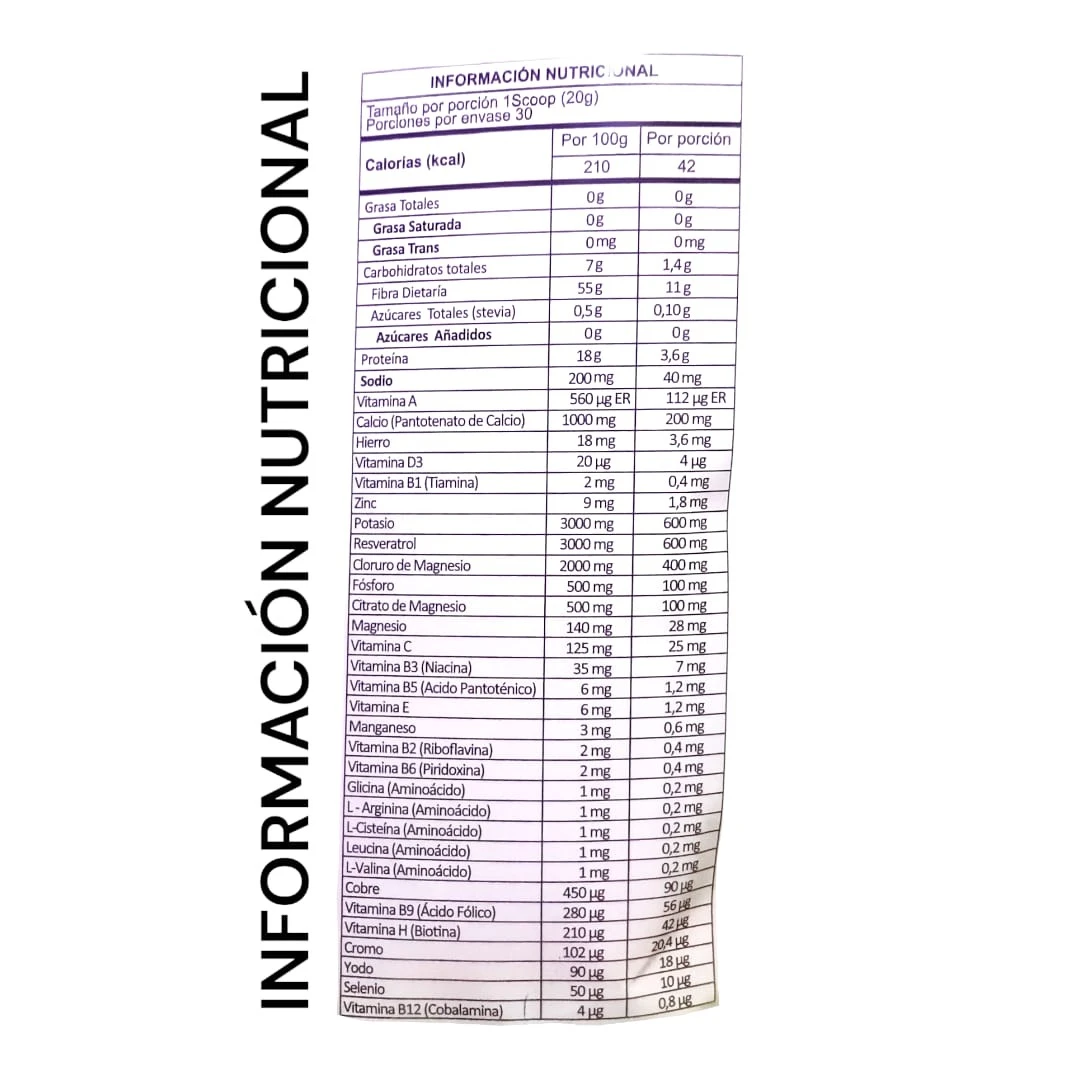 Etiqueta nutricional de Fibra Plus Naranja Piña con Psyllium 600, mostrando valores por porción y por 100g.