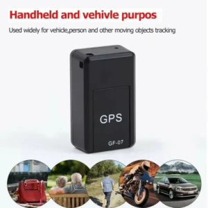 Rastreador GPS GF-07 negro, rectangular con pantalla frontal y texto blanco. Incluye iconos circulares de uso en vehículos, personas y objetos.
