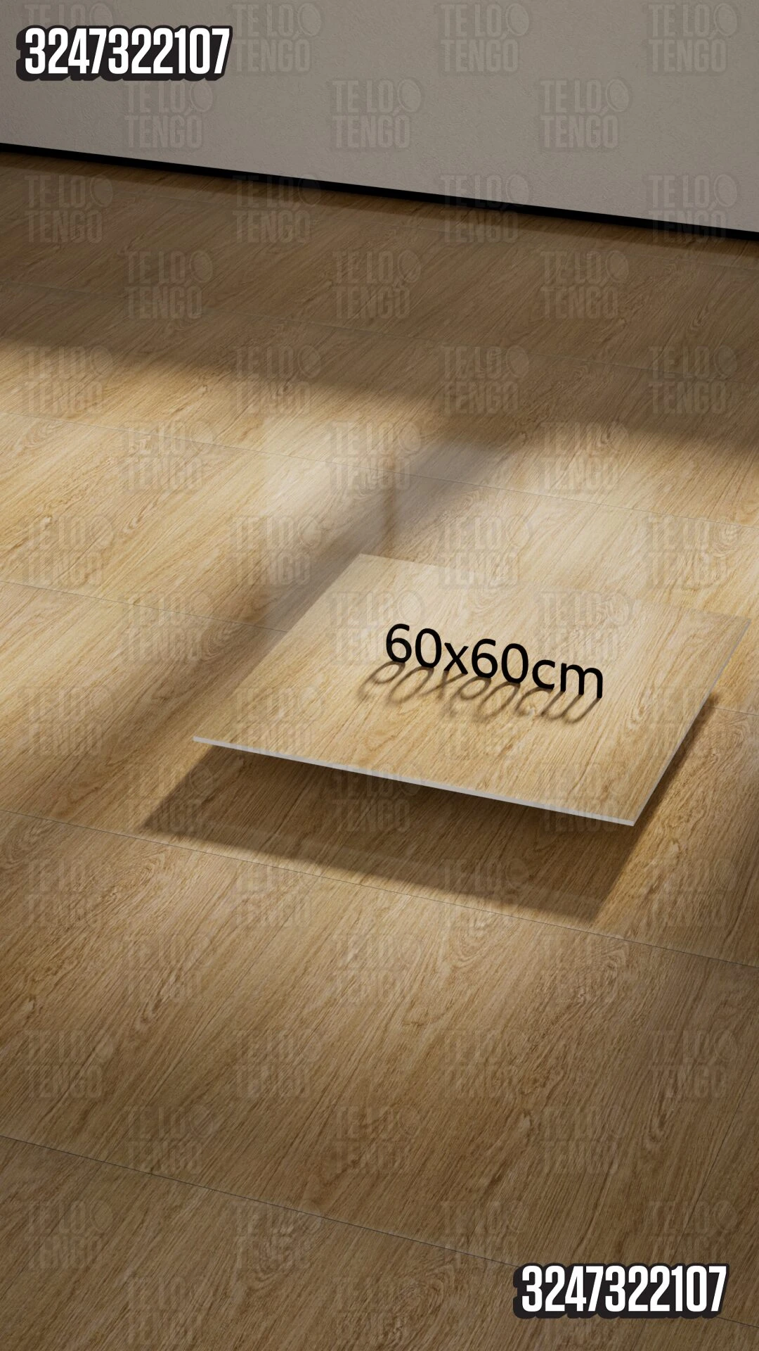 Lámina adhesiva para piso en PVC, color madera clara, tamaño 60x60 cm, mostrando textura y acabado realista sobre suelo.