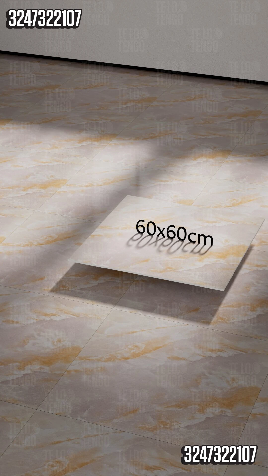 Lámina adhesiva para piso en PVC de 60x60 cm, color beige con vetas doradas, mostrada sobre superficie de piso similar.