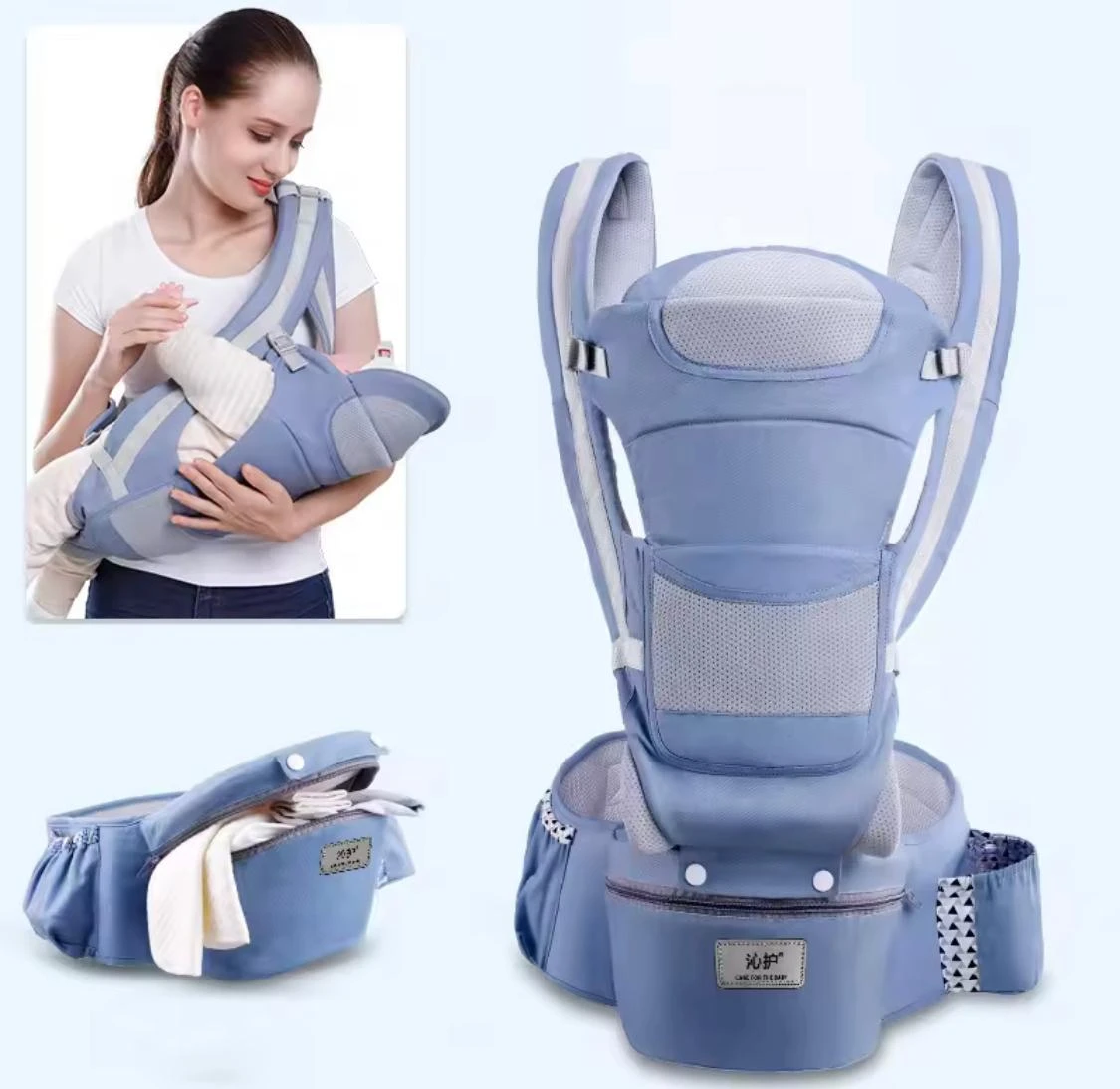 Cargador bebé ergonómico en azul claro, con soporte de espalda acolchado y cinturón ajustable. Incluye asiento extraíble y bolsillos laterales. Se muestra en uso con bebé y en vista frontal desmontado.