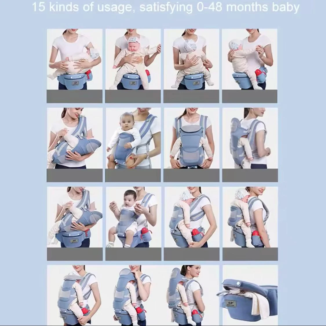 Cargador bebé ergonómico 3 en 1 con asiento M, mostrando múltiples posiciones de uso para bebés de 0 a 48 meses, en color azul claro, con detalles en rojo y blanco.