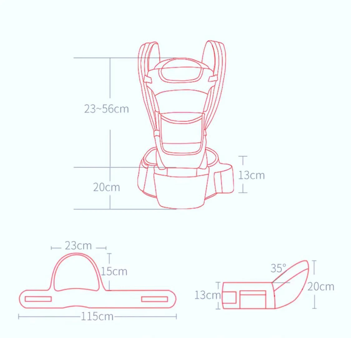 Esquema técnico en línea roja del cargador bebé ergonómico 3 en 1 con asiento M, mostrando vistas frontal, superior y lateral con dimensiones detalladas como 23-56 cm de altura y 115 cm de ancho.