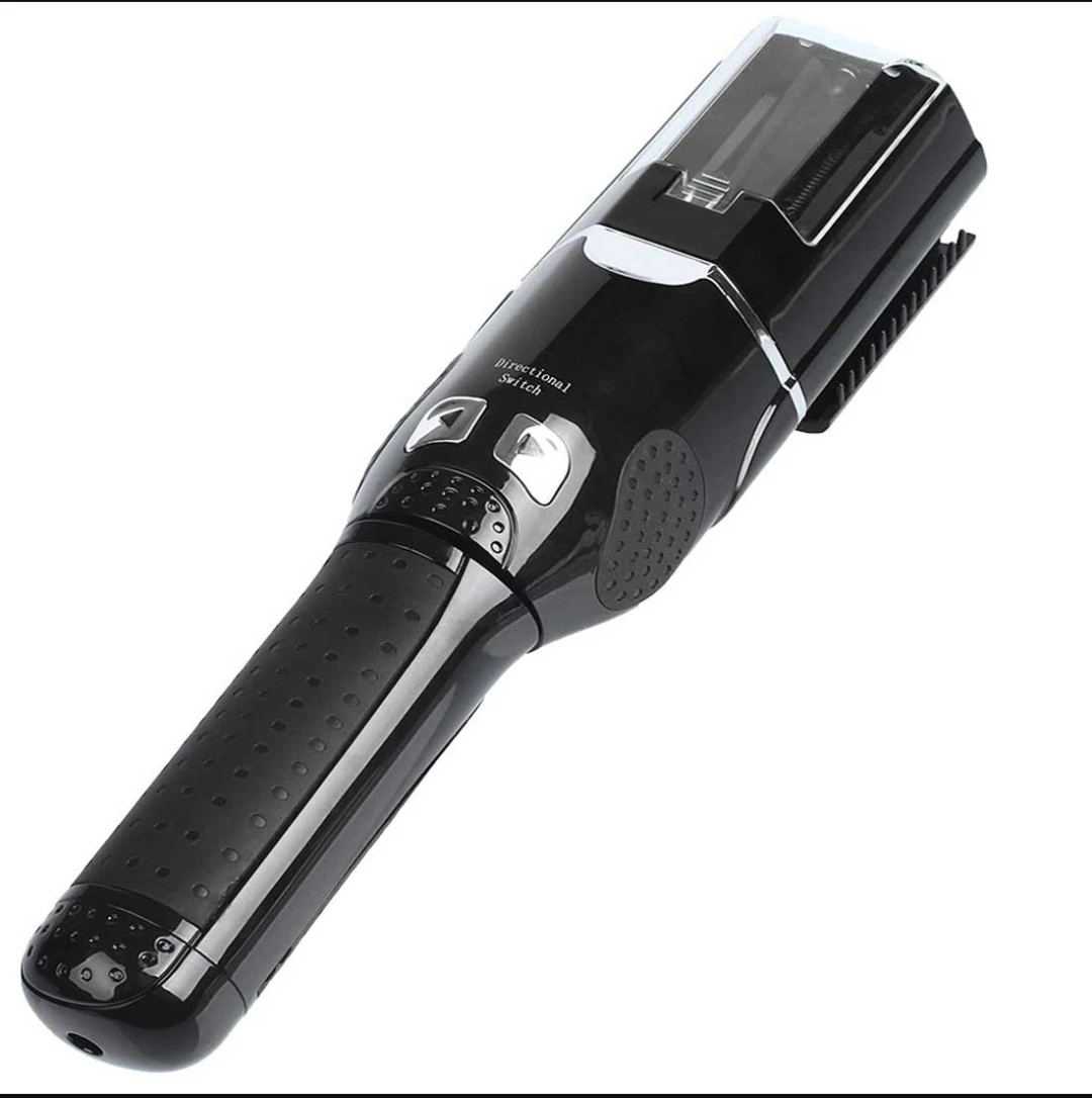 Cortador eléctrico de puntas abiertas recargable en color negro, con mango ergonómico texturizado y cabezal de corte con peines ajustables.