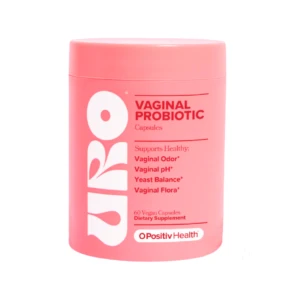 Contenedor rosa de cápsulas vaginales URO con prebióticos, marca OPositivHealth, 60 cápsulas veganas.