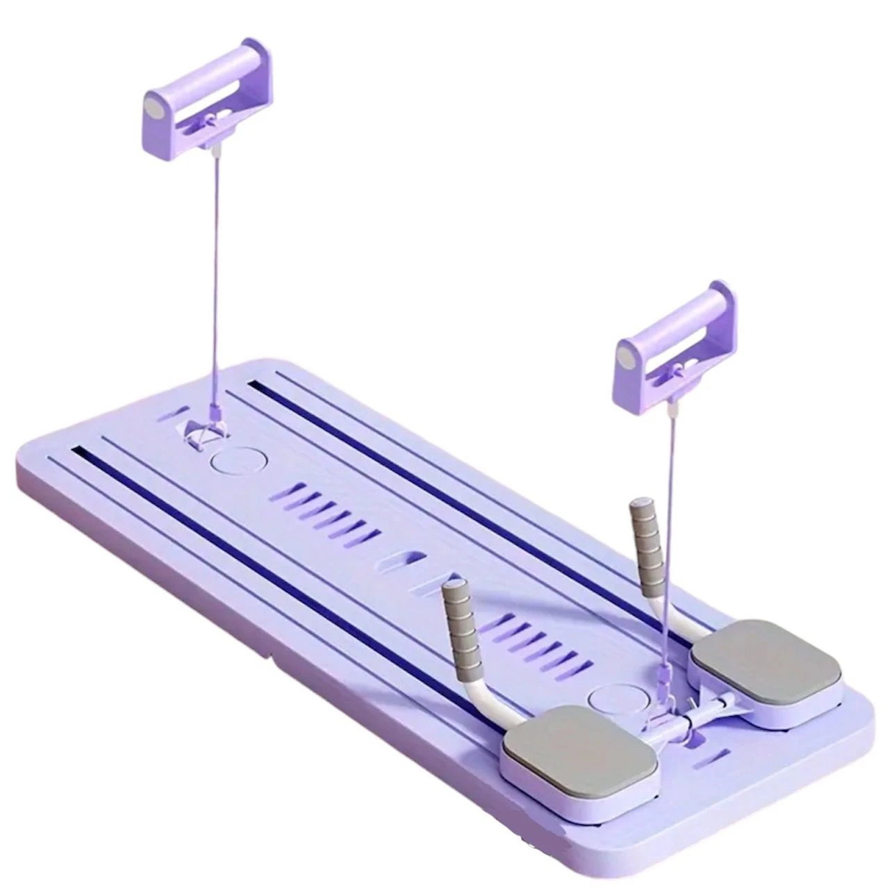 Tabla deslizante de Pilates en color lila, vista desde ángulo superior, con manijas ergonómicas y bases antideslizantes para entrenamiento corporal completo.