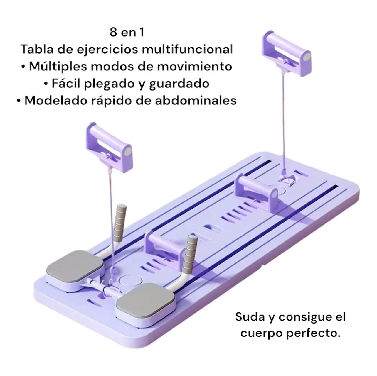 Tabla deslizante de Pilates en tono lila, con manijas ergonómicas y bases de agarre, diseñada para ejercicios abdominales y de cuerpo completo en espacios reducidos.