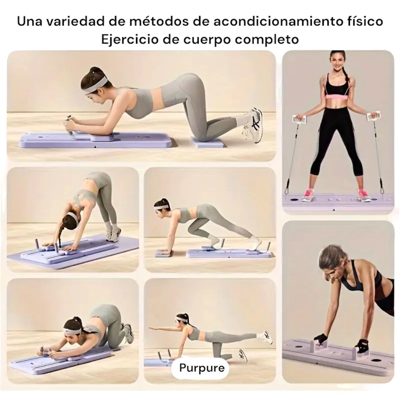 Tabla deslizante de Pilates en color lila, mostrando ejercicios de cuerpo completo: plancha, flexiones, estiramientos y postura de perro, con manijas integradas y base antideslizante.