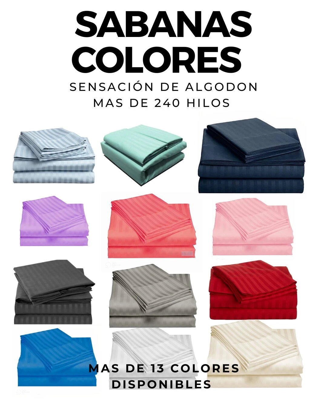 Sábanas de polialgodón en 13 colores, presentadas dobladas y apiladas, con textura lisa y acabado suave.