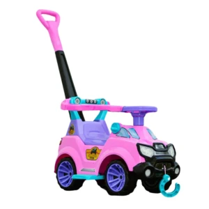 Carro paseador montable para bebés en color rosa con manillar ergonómico, ruedas azules y detalles en negro y turquesa, diseñado para apoyar el aprendizaje de caminar.