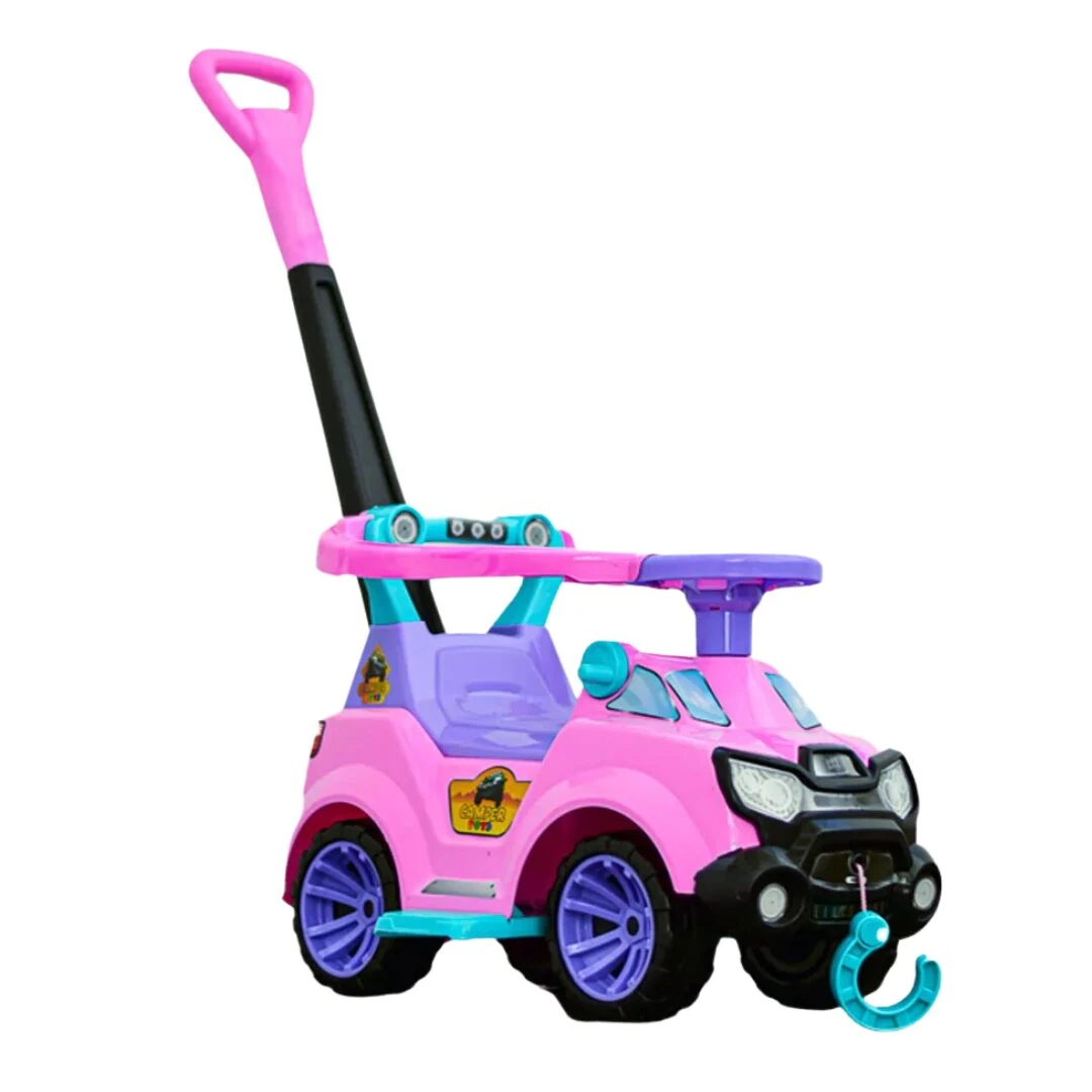 Carro paseador montable para bebés en color rosa con manillar ergonómico, ruedas azules y detalles en negro y turquesa, diseñado para apoyar el aprendizaje de caminar.