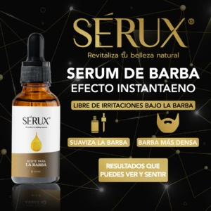 Botella de vidrio ámbar con cuentagotas de Serux X2, aceite natural para barba de 30 ml, sobre fondo negro con texto dorado que destaca sus beneficios: hidratación profunda, efecto instantáneo y sin irritaciones.