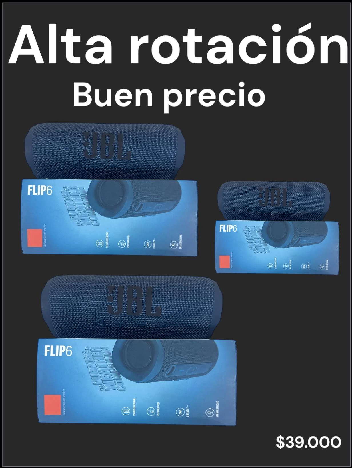 Altavoz JBL Flip 6 en color azul oscuro, mostrando su diseño compacto y resistente al agua, con empaque azul que incluye detalles del producto y precio de $39.000.