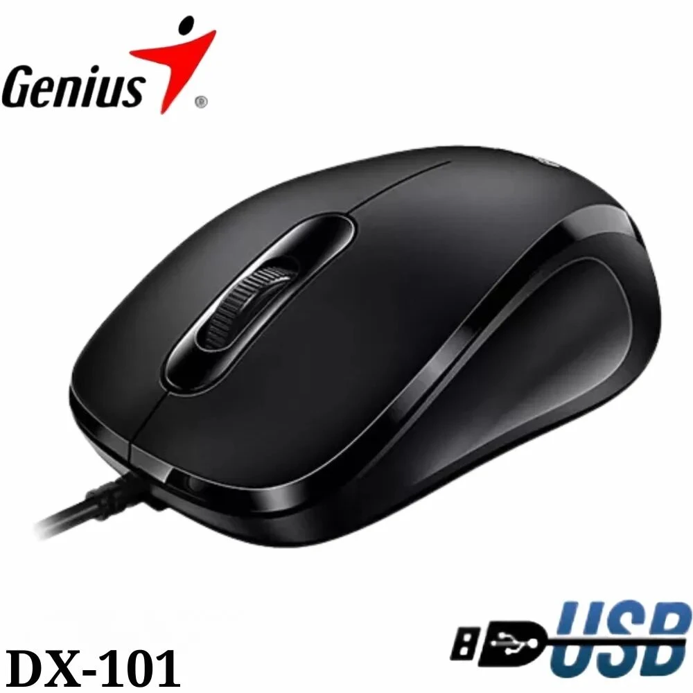Mouse Genius DX-101 negro ergonómico con cable USB, diseño curvo para uso diario.