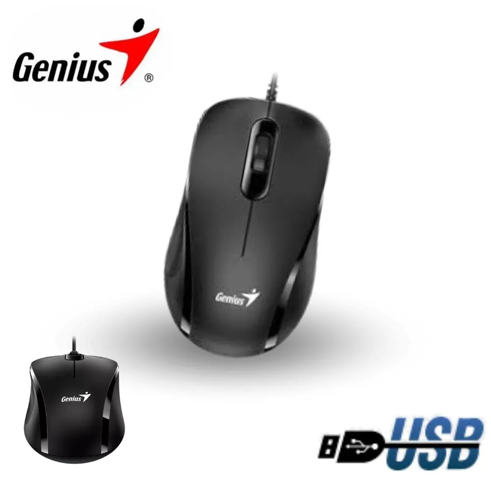 Mouse Genius DX-101 negro ergonómico con cable USB, mostrado en vista frontal y lateral sobre fondo blanco.