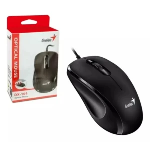 Mouse Genius DX-101 negro ergonómico con cable, mostrado junto a su empaque original. Diseño curvo para uso cómodo, logotipo visible en lateral derecho.