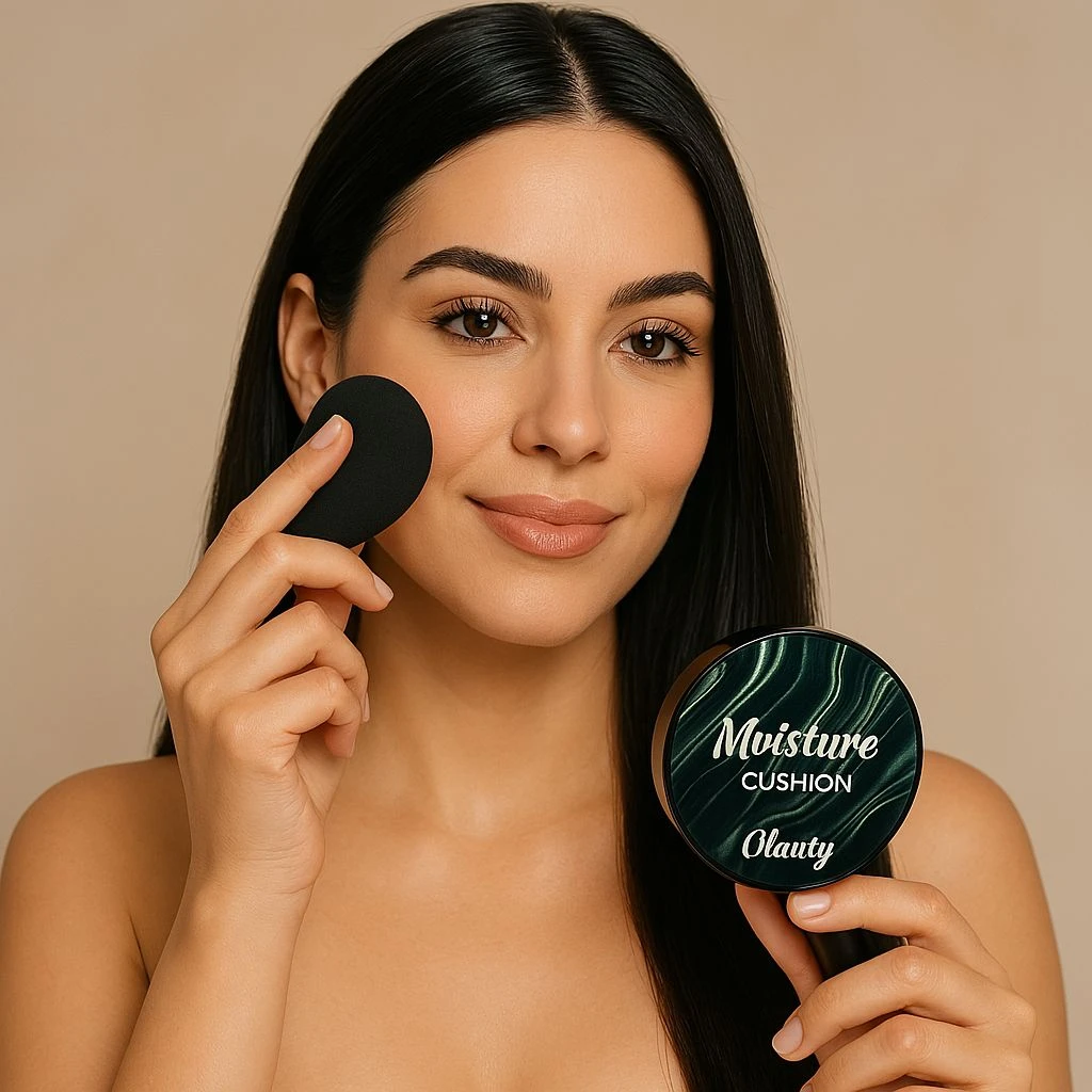 Mujer aplicando base Maquillaje Moisture Cushion Olauty con esponja negra, mostrando compacto verde oscuro con texto blanco.