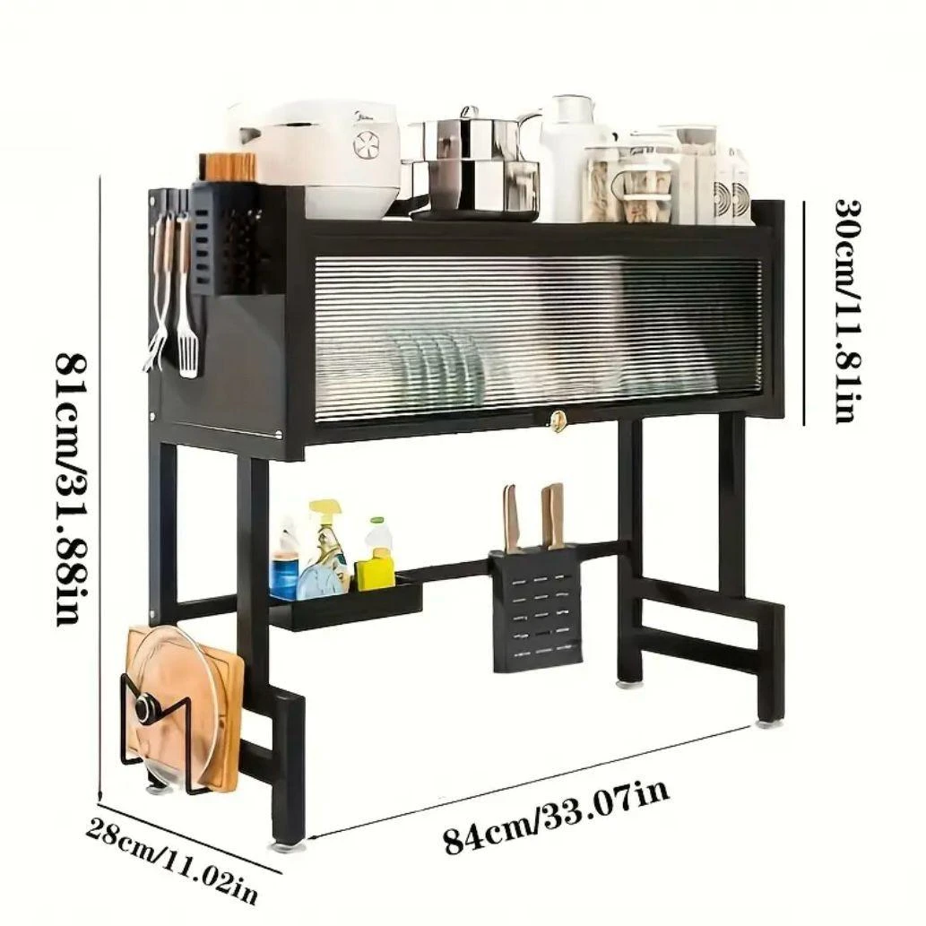 Platillera escurridora de aluminio negro con tapa protectora, medidas 84x31x81 cm, incluye estantes para utensilios y platos.