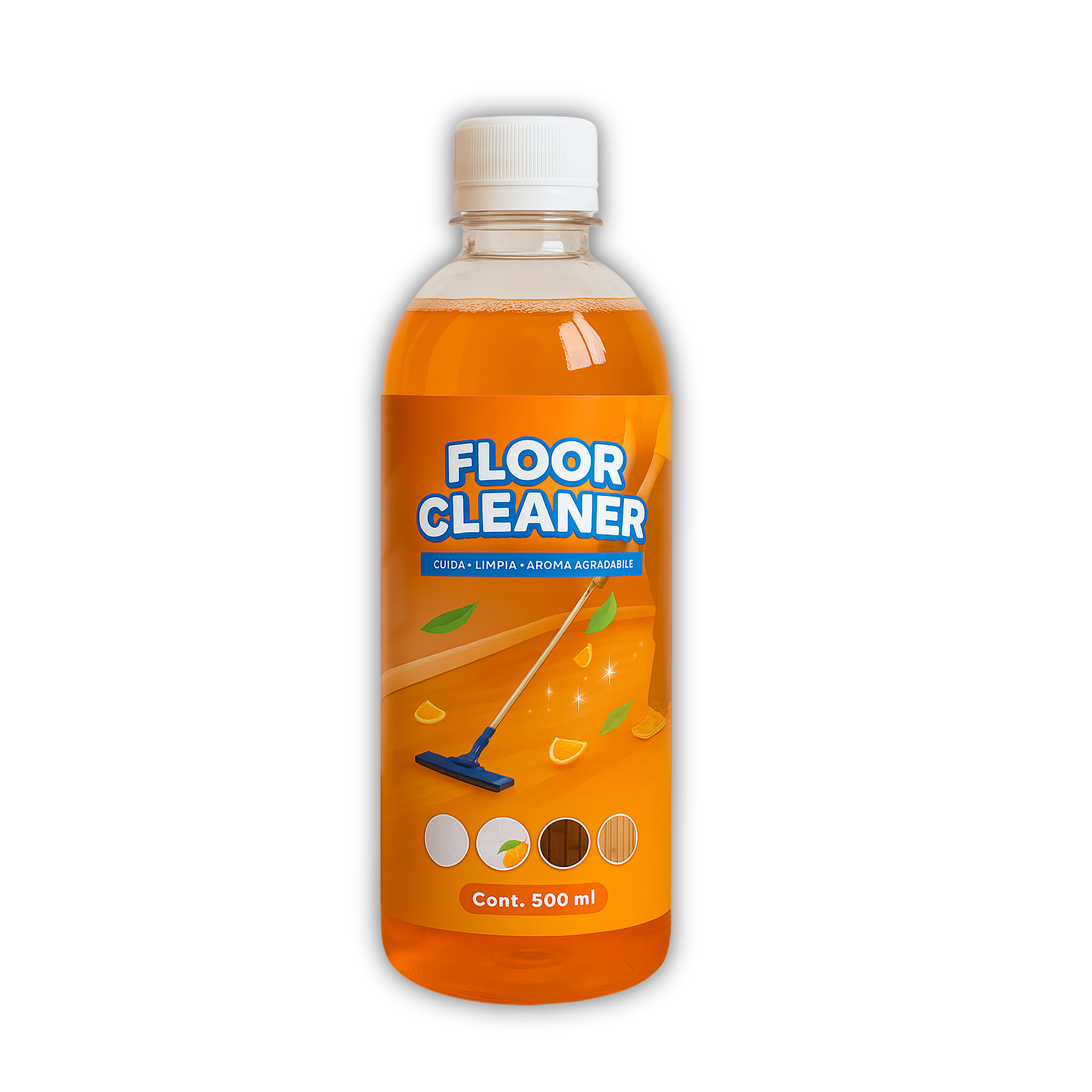 Bote de 500 ml de limpiador de pisos con aroma cítrico, etiqueta naranja con de fregona y gotas de agua.