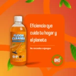 Botella de 500 ml de limpiador de pisos con aroma cítrico, etiqueta naranja y verde, muestra brocha y limones. Incluye sello BIO y texto “No necesita enjuague”.