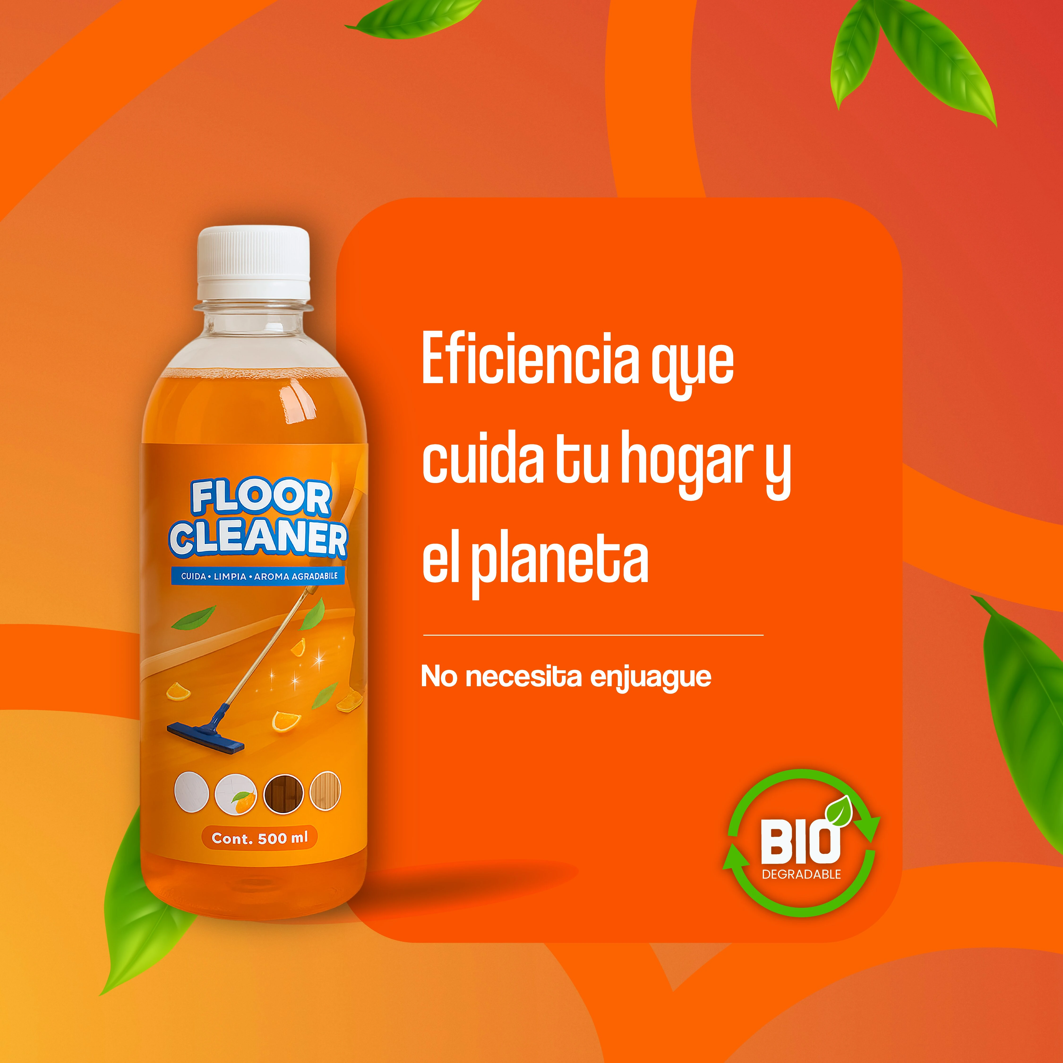 Botella de 500 ml de limpiador de pisos con aroma cítrico, etiqueta naranja y verde, muestra brocha y limones. Incluye sello BIO y texto “No necesita enjuague”.