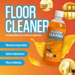 Botella de limpiador de pisos con aroma cítrico, líquido naranja, etiqueta que indica 500 ml. Incluye iconos de uso en cocina, baño y pisos brillantes.