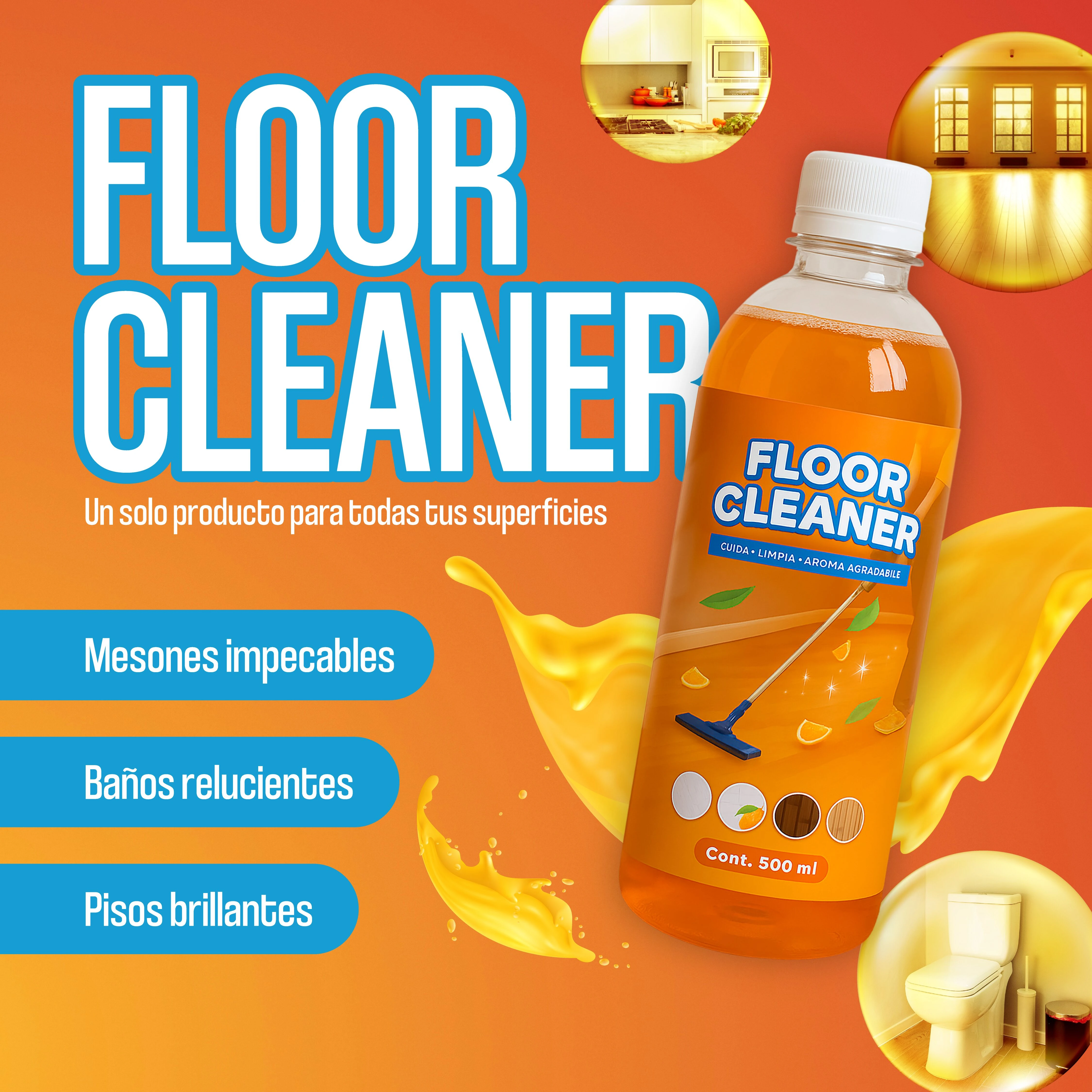 Botella de limpiador de pisos con aroma cítrico, líquido naranja, etiqueta que indica 500 ml. Incluye iconos de uso en cocina, baño y pisos brillantes.