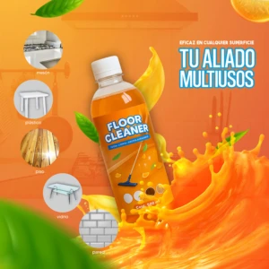 Bote transparente de limpiador de pisos con líquido naranja, etiqueta que dice "Floor Cleaner", rodeado de salpicaduras de líquido y hojas verdes. Iconos circulares muestran superficies: mesón, plástico, piso, vidrio, pared. Texto en español: "Eficaz en cualquier superficie, tu aliado multiusos".