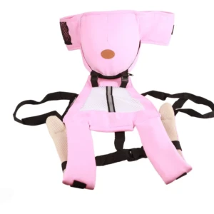 Canguro portabebé ergonómico en color rosa con soporte lumbar, correas negras y detalles en malla transpirable.