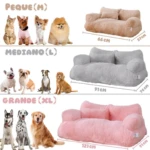 Sofá para mascotas en tres tallas: Pequeño (66x37 cm), Mediano (91x76 cm) y Grande (121x91 cm), en colores beige, gris y rosa. Cada modelo acompañado de perros y gatos de diferentes razas.