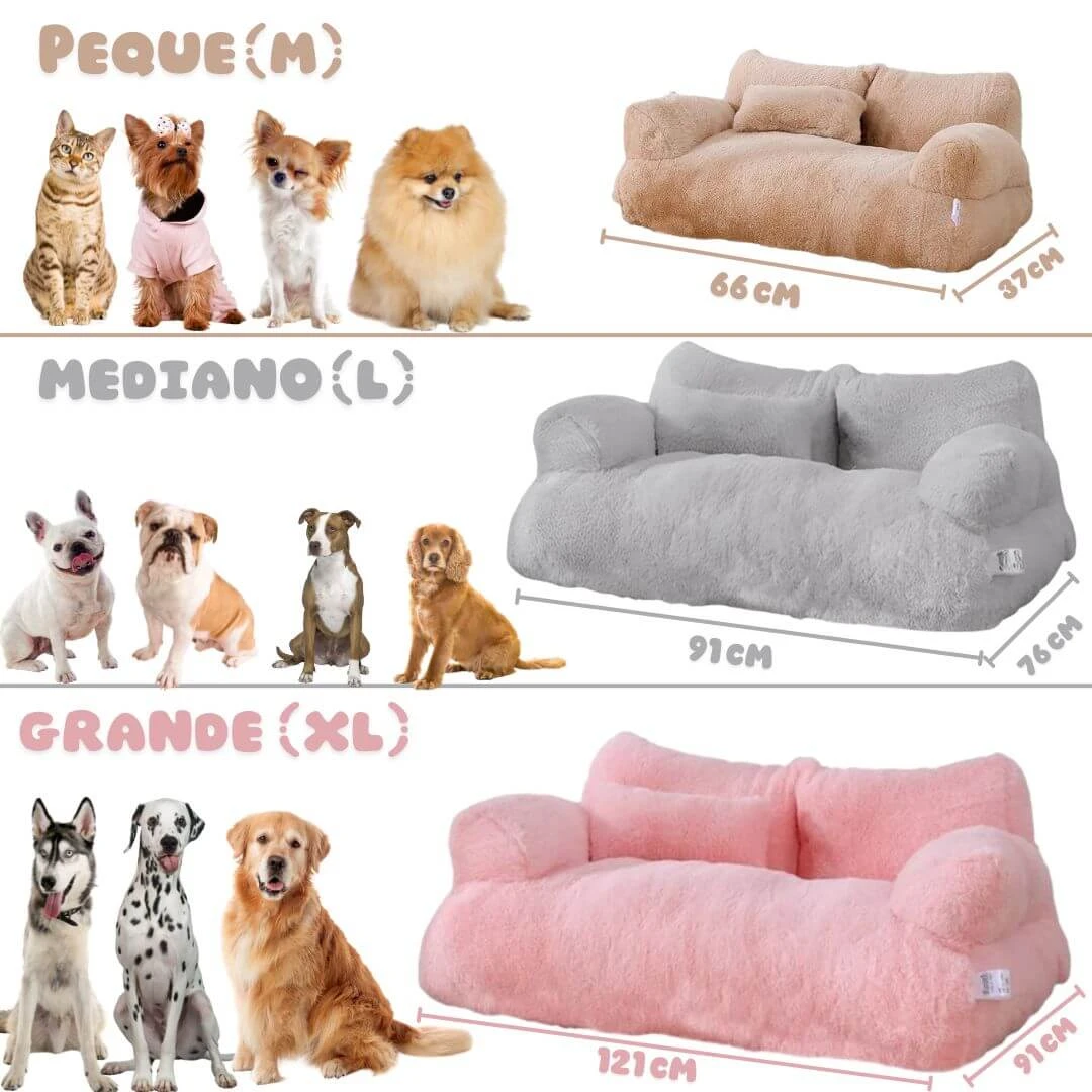 Sofá para mascotas en tres tallas: Pequeño (66x37 cm), Mediano (91x76 cm) y Grande (121x91 cm), en colores beige, gris y rosa. Cada modelo acompañado de perros y gatos de diferentes razas.