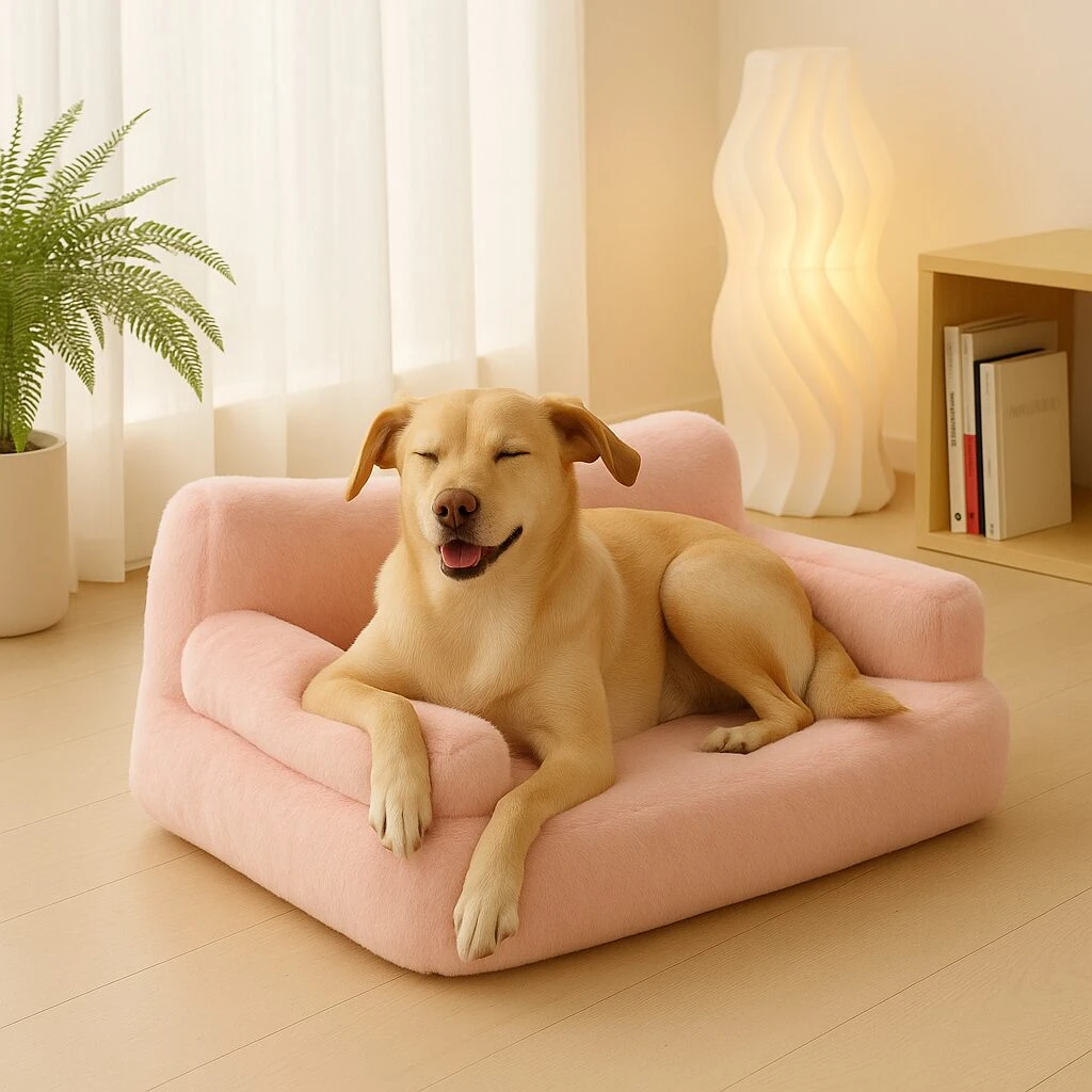 Sofá rosa para perro con relleno de alta densidad, mostrando a un Labrador relajado en posición de descanso sobre su superficie acolchada.