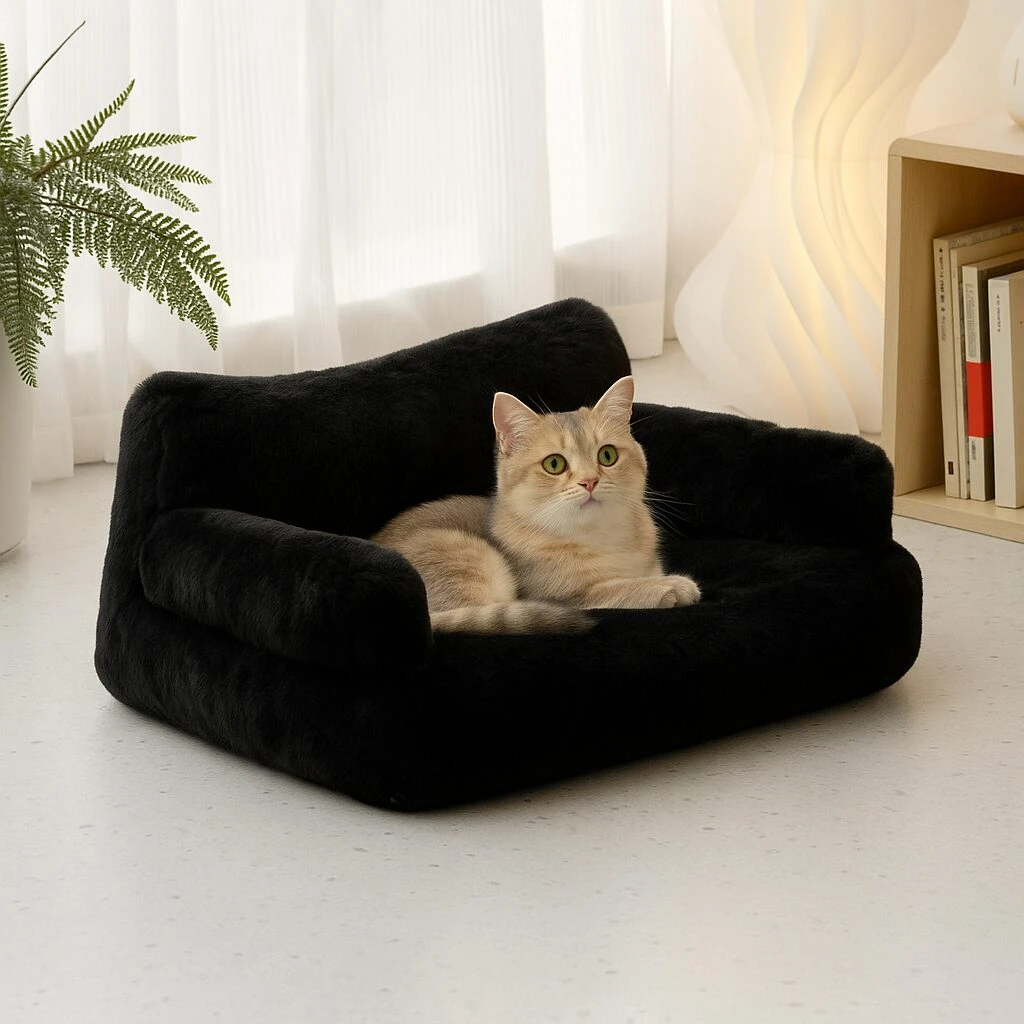 Sofá negro para mascotas con relleno de alta densidad, mostrando un gato acostado sobre su superficie acolchada en ambiente interior.